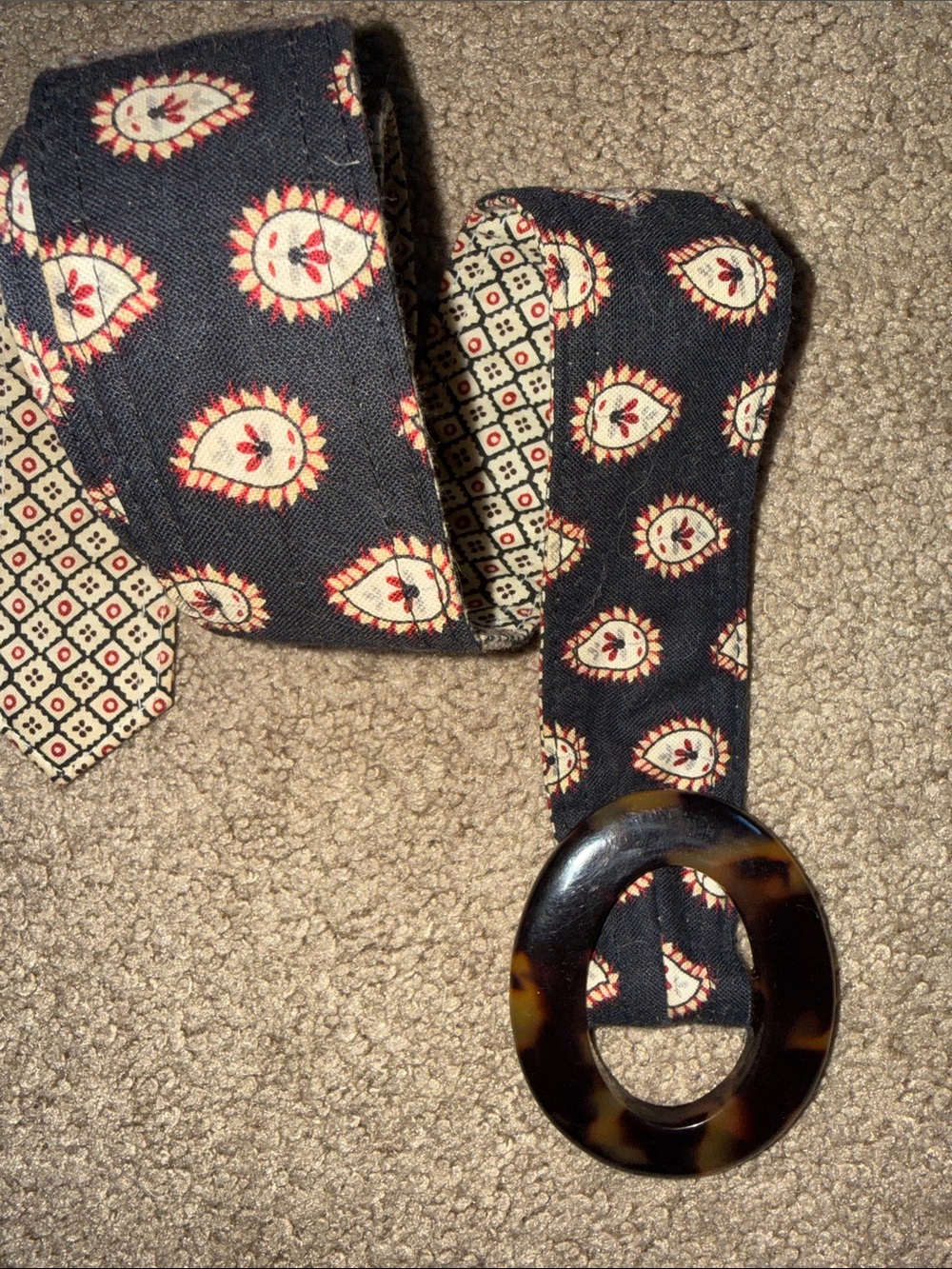 Vera Bradley Black Patterned Fabric Belt with Tortoiseshell Oval Buckle - Picture 2 of 5